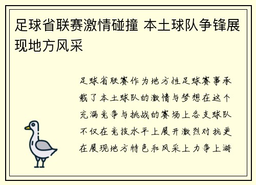 足球省联赛激情碰撞 本土球队争锋展现地方风采