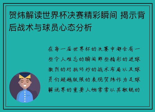 贺炜解读世界杯决赛精彩瞬间 揭示背后战术与球员心态分析